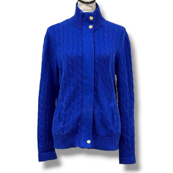 Ralph Lauren Women's Size L Blue Cable Knit Full Zip Cardigan Sweater Classic - Picture 1 of 8